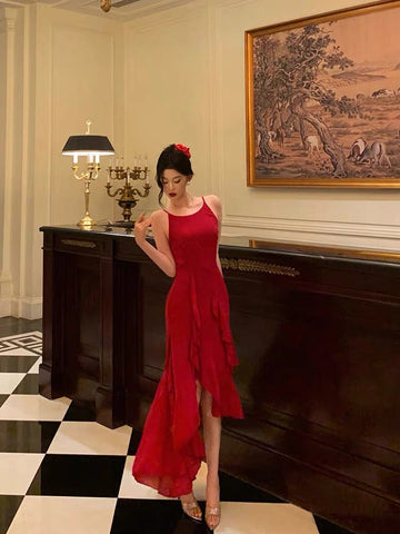 Niulatu High Low Spaghetti Straps Red Long Prom Dresses Birthday Outfits Evening Gown SD1004